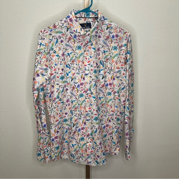 Allen Solly Button Down Linen Cotton Multi Color floral & Bird 39 - Picture 1 of 8